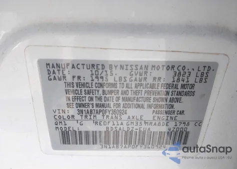 2015 Nissan Sentra Sv z USA, uszkodzony, nr VIN 3N1AB7AP0FY360924